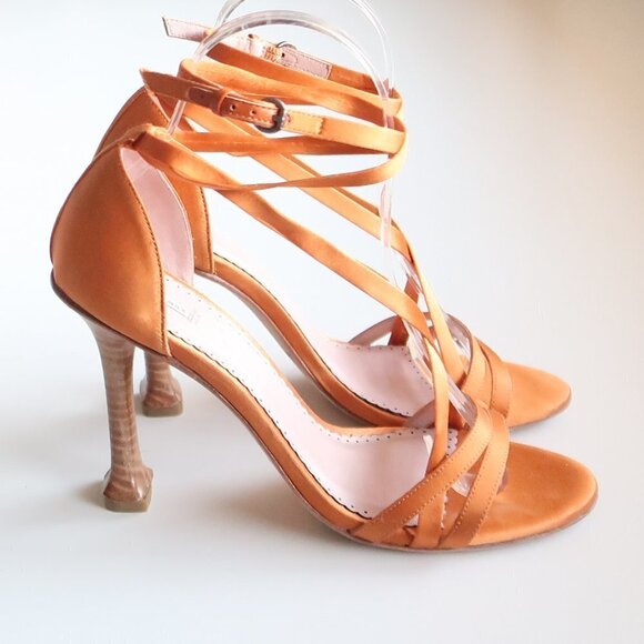 Leon Max Orange Satin Ankle Strap Open Toe Heels / Sandals / Dressy Shoes 6.5 - Picture 2 of 16